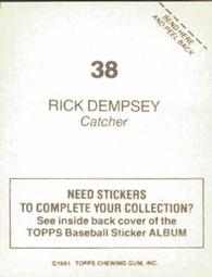 1981 Topps Stickers #38 Rick Dempsey Back