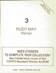 1981 Topps Stickers #3 Rudy May Back