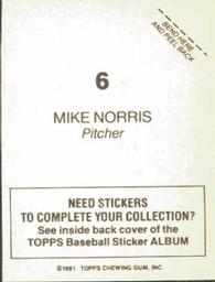 1981 Topps Stickers #6 Mike Norris Back
