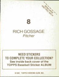 1981 Topps Stickers #8 Rich Gossage Back