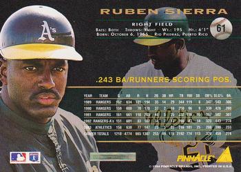 1994 Pinnacle #61 Ruben Sierra Back