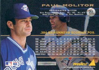 1994 Pinnacle #27 Paul Molitor Back