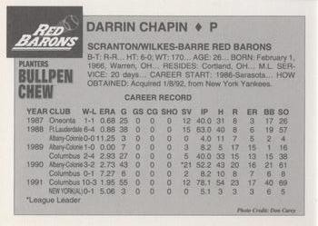 1992 Planters Bullpen Chew Scranton/Wilkes-Barre Red Barons #NNO Darrin Chapin Back