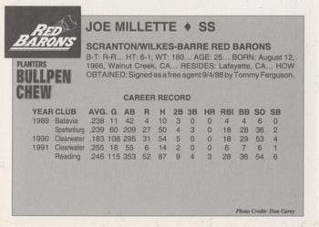 1992 Planters Bullpen Chew Scranton/Wilkes-Barre Red Barons #NNO Joe Millette Back