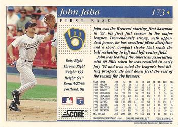 1994 Score #173 John Jaha Back