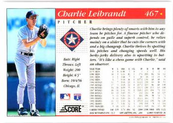 1994 Score #467 Charlie Leibrandt Back