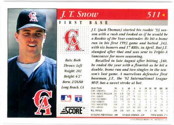 1994 Score #511 J.T. Snow Back
