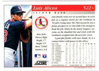 1994 Score #522 Luis Alicea Back