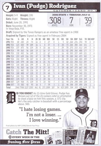 2006 Detroit Free Press Detroit Tigers #1 Pudge Rodriguez Back