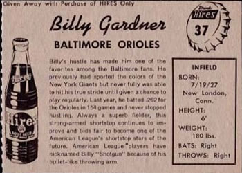 1958 Hires Root Beer #37 Billy Gardner Back