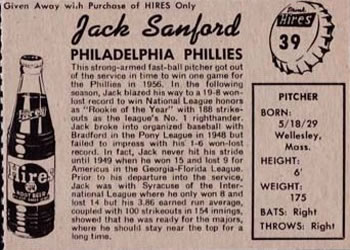1958 Hires Root Beer #39 Jack Sanford Back