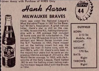 1958 Hires Root Beer #44 Hank Aaron Back