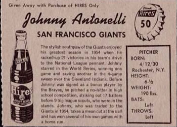 1958 Hires Root Beer #50 Johnny Antonelli Back