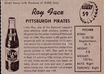 1958 Hires Root Beer #59 Roy Face Back