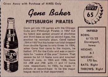 1958 Hires Root Beer #65 Gene Baker Back