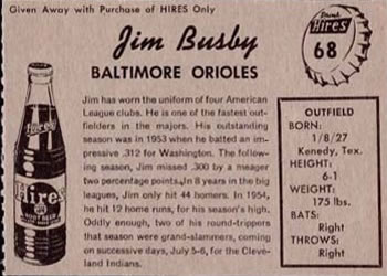 1958 Hires Root Beer #68 Jim Busby Back