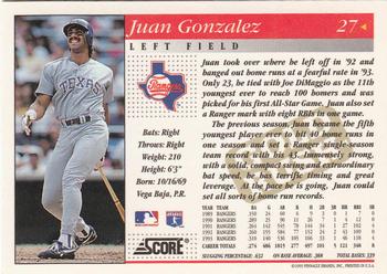 1994 Score - Gold Rush #27 Juan Gonzalez Back