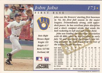 1994 Score - Gold Rush #173 John Jaha Back