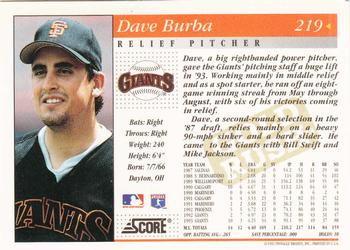 1994 Score - Gold Rush #219 Dave Burba Back