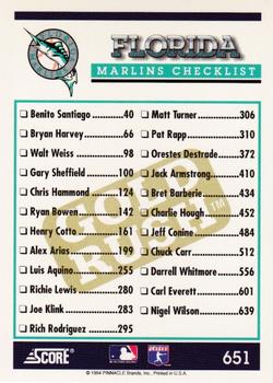 1994 Score - Gold Rush #651 Florida Marlins Back