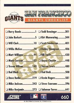 1994 Score - Gold Rush #660 San Francisco Giants Back