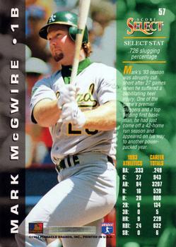 1994 Select #57 Mark McGwire Back