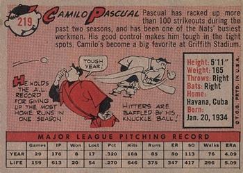 1958 Topps #219 Camilo Pascual Back