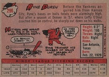 1958 Topps #296 Ryne Duren Back