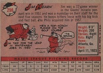 1958 Topps #298 Jim Hearn Back