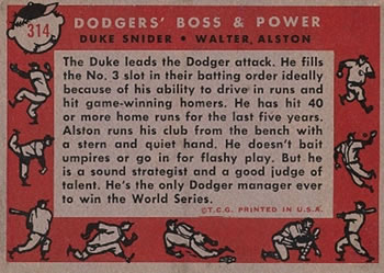 1958 Topps #314 Dodgers' Boss & Power (Duke Snider / Walter Alston) Back