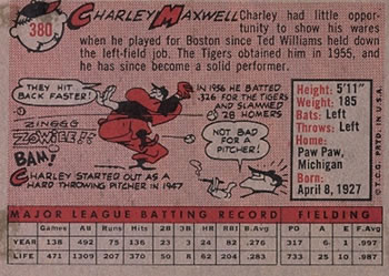 1958 Topps #380 Charley Maxwell Back