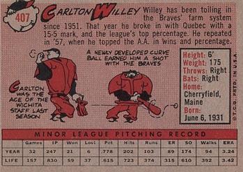 1958 Topps #407 Carlton Willey Back