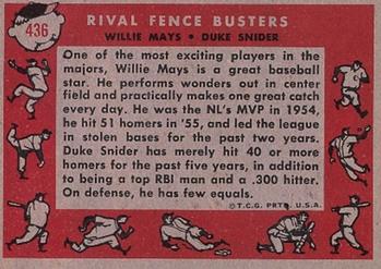1958 Topps #436 Rival Fence Busters (Willie Mays / Duke Snider) Back