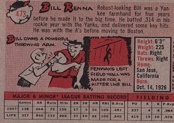 1958 Topps #473 Bill Renna Back