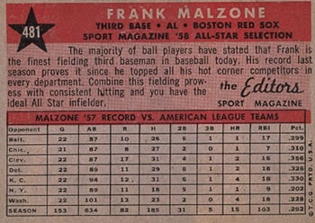 1958 Topps #481 Frank Malzone Back