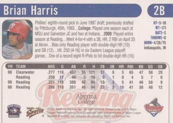 2001 Multi-Ad Reading Phillies Alvernia College Edition #9 Brian Harris Back