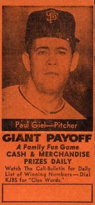 1958 San Francisco Call-Bulletin San Francisco Giants #NNO Paul Giel Front