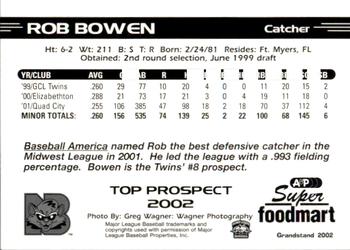 2002 Grandstand New Britain Rock Cats SGA #NNO Rob Bowen Back
