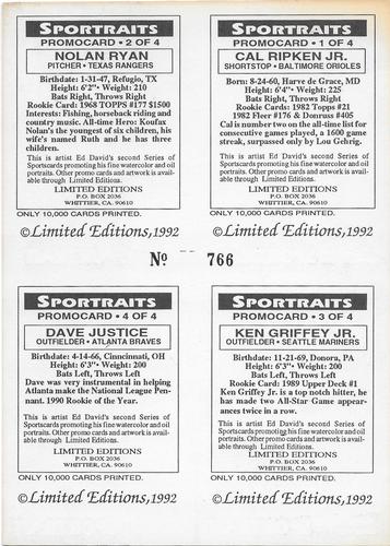 1992 Sportraits Limited Edition Promo Series 2 - Panel #NNO Cal Ripken Jr. / Nolan Ryan / Ken Griffey Jr. / Dave Justice Back
