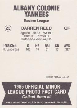 1987 TCMA Collectors Kits Reprints - 1986 Albany-Colonie Yankees #23 Darren Reed Back