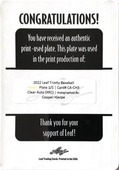 2022 Leaf Trinity - Clear Autographs Printing Plate Yellow #CA-CH3 Cooper Hjerpe Back