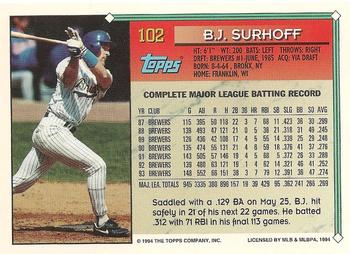 1994 Topps #102 B.J. Surhoff Back