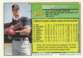 1994 Topps #194 Javy Lopez Back