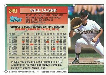 1994 Topps #240 Will Clark Back