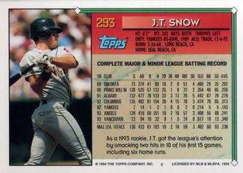1994 Topps #293 J.T. Snow Back