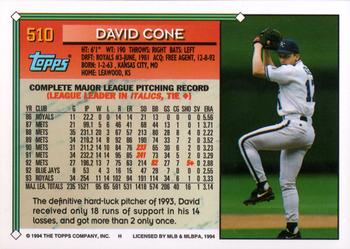 1994 Topps #510 David Cone Back