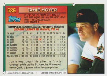 1994 Topps #526 Jamie Moyer Back