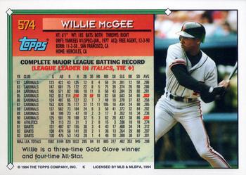 1994 Topps #574 Willie McGee Back