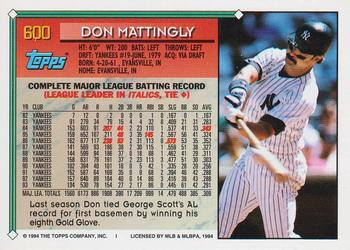 1994 Topps #600 Don Mattingly Back