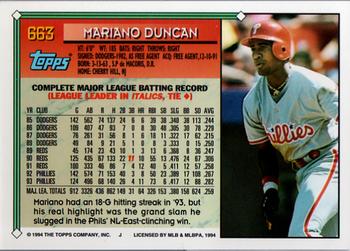 1994 Topps #663 Mariano Duncan Back